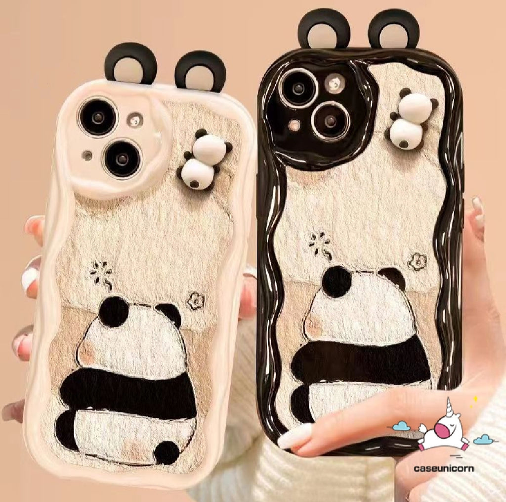 Cartoon 3D Panda Couples Case – Soft Shockproof Wavy Cover for iPhone (All Models)