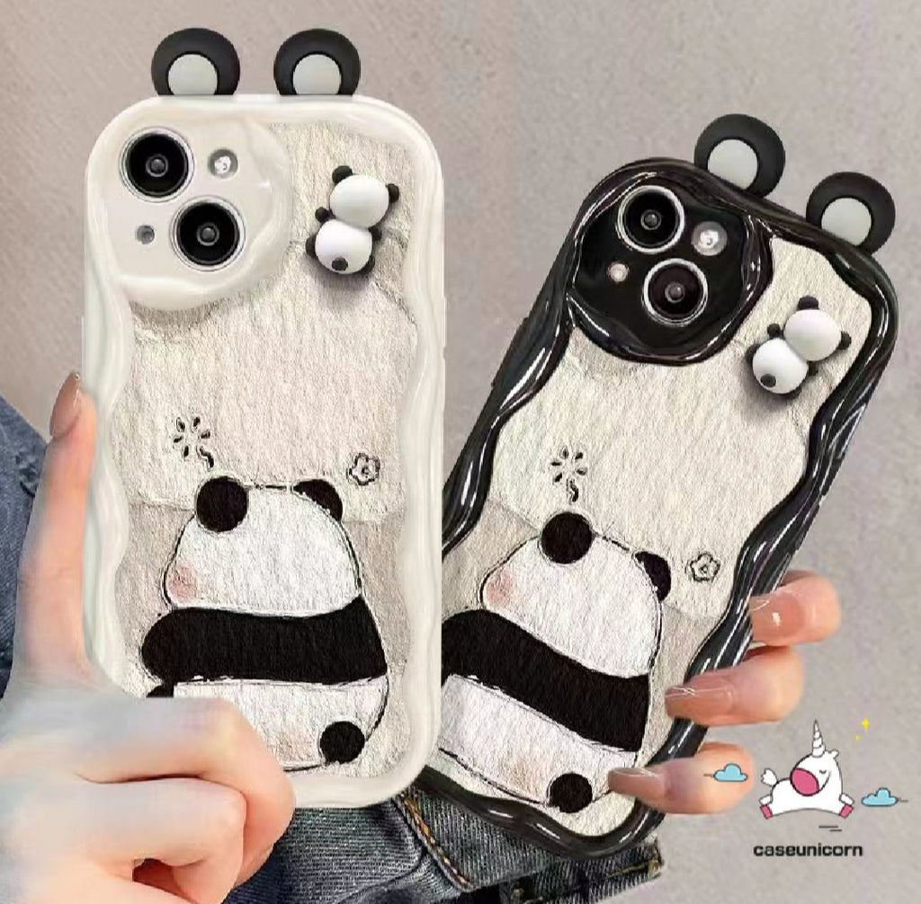 Cartoon 3D Panda Couples Case – Soft Shockproof Wavy Cover for iPhone (All Models)