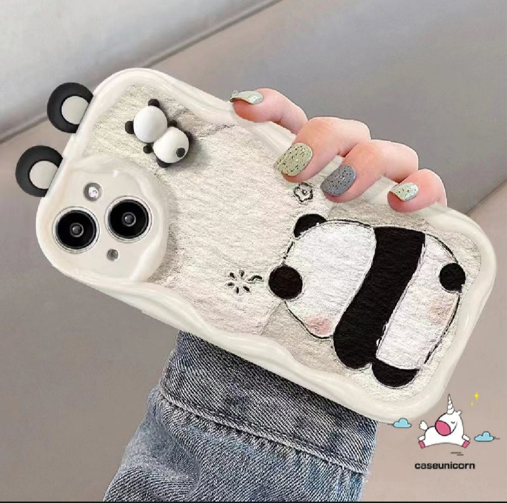 Cartoon 3D Panda Couples Case – Soft Shockproof Wavy Cover for iPhone (All Models)