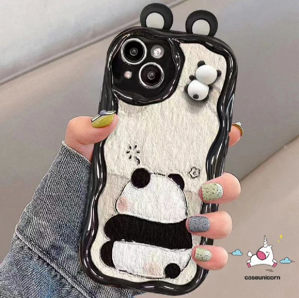 Cartoon 3D Panda Couples Case – Soft Shockproof Wavy Cover for iPhone (All Models)